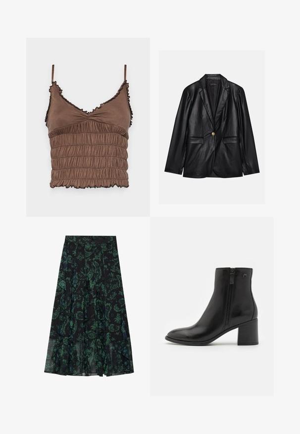 Melnas ādas žakete ar ieliektām atlokām, vienu zelta pogu aizdari, divām priekšējām kabatām un gludu apdari. Iekšējā odere ir tumša.; Brūns īss tops no mīkstas auduma, ar širēta dizaina detaļām, regulējamām siksnām un viļņotiem malām ar melniem papildinājumiem.; Melnā svārku ikona ar zaļiem ziedu rakstiem, kas piedāvā volānu maliņas un krokojumus. Izgatavota no viegla auduma, nodrošinot plūstošu siluetu.; Melnas potītes kurpes, izgatavotas no gludas ādas, ar sānu rāvējslēdzēju. Tām ir smaila purngala forma un teksturēts blokveida papēdis stabilitātei.