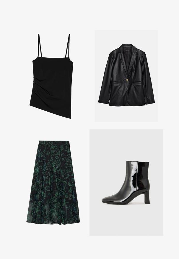 Black leather blazer with a notched lapel, single gold button closure, two front pockets, and smooth finish. Inner lining is dark.; Black, sleeveless top with thin straps; features a draped design on one side and smooth texture; made of stretchy fabric.; Black skirt with green floral pattern, featuring ruffled edges and pleats. Made from lightweight fabric, offering a flowing silhouette.; Black patent leather ankle boot with a pointed toe and a mid-height block heel. Smooth texture and minimalist design.