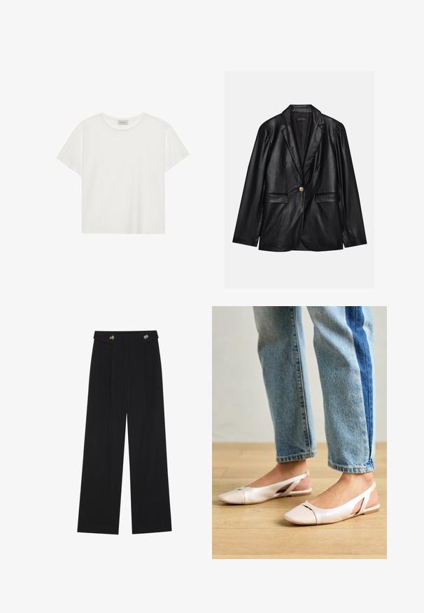 Blazer de cuero negro con solapa muestrada, cierre con un solo botón dorado, dos bolsillos frontales y un acabado suave. El forro interior es oscuro.; Camiseta blanca de manga corta hecha de suave algodón. Presenta un escote redondo y un corte relajado. Diseño limpio sin patrones o acentos visibles.; Pantalones de pierna ancha negros con cintura alta, detalles de botones en la cinturilla y pliegues en la parte delantera.; Bailarinas de color rosa pálido con tiras traseras y punta puntiaguda, fabricadas con un material similar al cuero suave. Presentan detalles recortados en los laterales y un tacón plano.