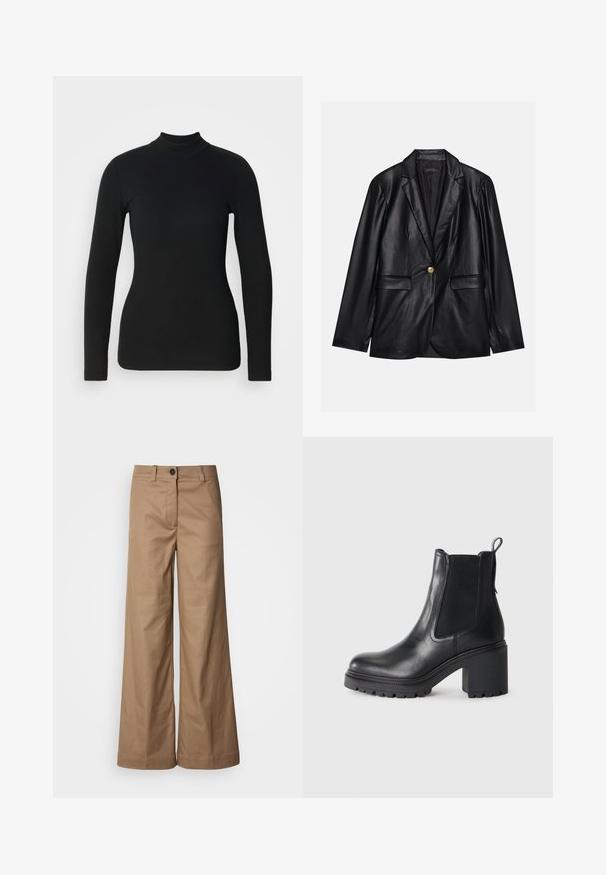Blazer em couro preto com lapela recortada, fecho de um único botão dourado, dois bolsos frontais e acabamento suave. O forro interior é escuro.; T-shirt preto de manga longa com gola alta, feito de um tecido suave, design ajustado, gola alta e punhos sem costura, com uma superfície lisa e sem adornos.; Calças de perna larga feitas de tecido liso e bege. Apresentam um fecho de botão na parte da frente, passantes para cinto e bolsos laterais. Linhas limpas, sem padrões visíveis.; Botim preto de couro até ao tornozelo com um tacão robusto, painéis laterais elásticos e uma alça na parte de trás. Sola texturizada para maior aderência.