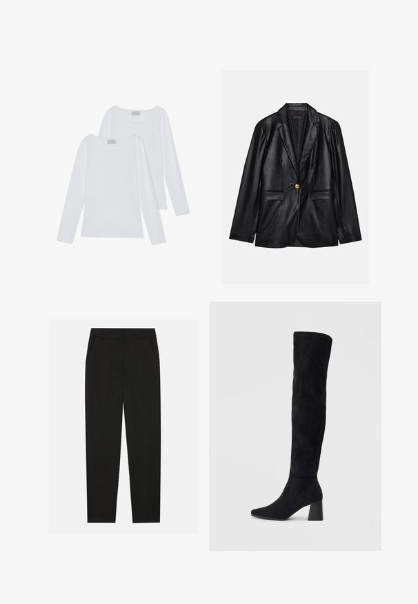 Černý kožený blazer s klopami, jedním zlatým zapínáním, dvěma předními kapsami a hladkým povrchem. Vnitřní podšívka je tmavá.; Dvé bílé blůzy s dlouhými rukávy, s kulatým výstřihem a měkkou tkaninou, s minimem švů a čistými liniemi pro všestranný vzhled.; Černé kalhoty s vytvarovaným střihem, které mají boční kapsy a rovné nohavice. Vyrobené z hladkého, lehkého materiálu s elegantním povrchem.; Černé semišové vysoké boty s blokovým podpatkem, špičatou špičkou a hladkým, bezšvovým designem na jednoduchém světlém pozadí.