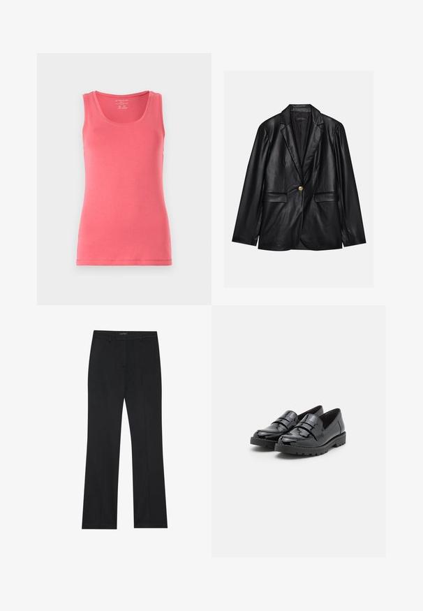 Schwarze Lederblazer mit Reverskragen, einem einzelnen goldenen Knopfverschluss, zwei Vorderaschen und glatter Oberfläche. Futter ist dunkel.; Rosa Tanktop aus weichem, dehnbarem Stoff. Mit rundem Ausschnitt und ärmellosem Design, sauberen Abschlüssen und slim fit.; Schwarze Hose mit geradem Schnitt, glatter Stoff und ohne sichtbare Muster. Entworfen mit klassischen Fronttaschen und einem Reißverschluss.; Schwarze Lackloafers mit glatter Oberfläche, einem Band über der Vorderseite und einer strukturierten Sohle. Rundes Zehendesign. Leichte Konstruktion.