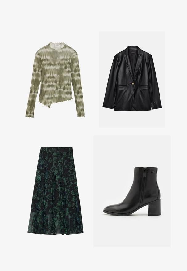 Blazer em couro preto com lapela recortada, fecho de um único botão dourado, dois bolsos frontais e acabamento suave. O forro interior é escuro.; Top de manga longa, verde com efeito tie-dye, com decote e bainha em formato de onda. Apresenta uma costura diagonal com pormenores texturizados em um tecido leve e suave.; Saia preta com padrão floral verde, apresentando bordas com babados e pregas. Feita de um tecido leve, proporcionando uma silhueta fluida.; Botas de tornozelo pretas feitas de couro liso, com fecho lateral em zíper. Apresentam um bico pontudo e um salto em bloco texturizado para maior estabilidade.