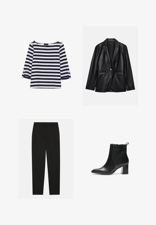 Black leather blazer with a notched lapel, single gold button closure, two front pockets, and smooth finish. Inner lining is dark.; Navy and white striped long-sleeve top with a boat neckline and gold-button accents on rolled sleeves. Soft fabric, relaxed fit.; Black trousers with a tailored design, featuring side pockets and a straight leg. Made from smooth, lightweight fabric with a sleek finish.; Black leather ankle boot with a rounded toe, a mid-height block heel, and a pull tab at the back. Smooth texture, minimal design.