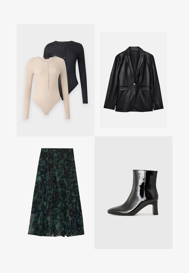 Black leather blazer with a notched lapel, single gold button closure, two front pockets, and smooth finish. Inner lining is dark.; Two long-sleeve bodysuits in beige and black. Each features a round neck, buttons down the front, and a ribbed texture.; Black skirt with green floral pattern, featuring ruffled edges and pleats. Made from lightweight fabric, offering a flowing silhouette.; Black patent leather ankle boot with a pointed toe and a mid-height block heel. Smooth texture and minimalist design.