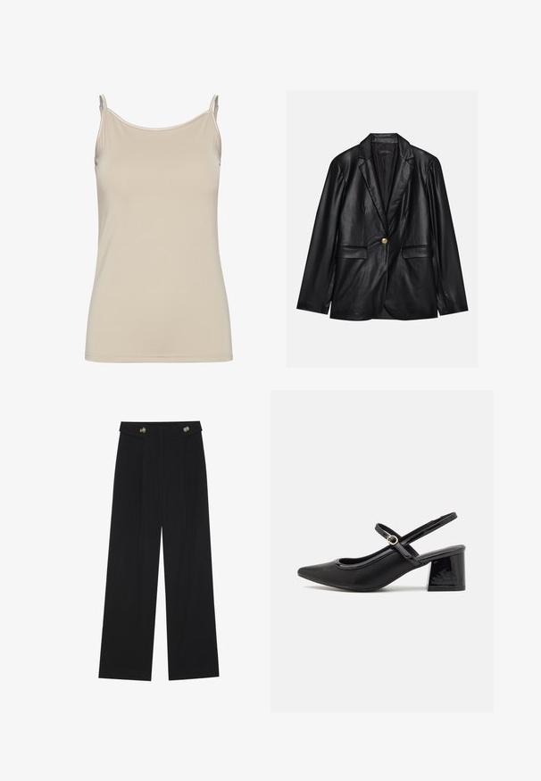 Must musta blazeri, millel on narmastega krae, üks kuldne nupulukk, kaks esist pockets ja sile viimistlus. Sisemine vooder on tume.; Beež tank top sujuval kangal, õhukeste rihmadega ja lihtsa, istuva disainiga, puhta kaeluse ning ilma mustriteta.; Mustad laiad püksid kõrge vöökoha ja nööpdetailidega vööandil, esikortsudega.; Mustad läikivad nahast slingback-kõrged kontsad, millel on terav nina, ümar lõikekujundus ja blokknina. Omab kuldset nupu aktsenti.