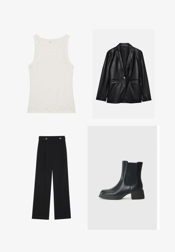 Blazer en cuir noir avec un revers cranté, fermeture à un bouton doré, deux poches avant et finition lisse. Doublure intérieure de couleur sombre.; Débardeur en coton blanc avec un col large et de fines bretelles. Texture lisse sans motifs ni embellissements visibles.; Pantalons larges noirs à taille haute, avec des détails de boutons à la taille et des plis sur le devant.; Bottine en cuir noir avec panneaux latéraux élastiques, bout rond et petit talon en bloc. La surface a une texture lisse et un minimalisme dans les détails.