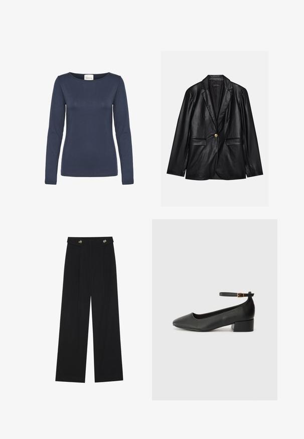 Juodas odinis švarkas su notch lapel, vienu auksiniu mygtuku užsegimu, dviem priekinėmis kišenėmis ir lygiu paviršiumi. Vidinėje pamušalo dalyje yra tamsi spalva.; Ilga rankovė mėlyna viršutinė dalis, pagaminta iš minkštos medžiagos, su apvaliu kaklu ir prigludusia siluetu. Savybės - paprastas dizainas be raštų.; Juodi plačios kojos kelnės su aukštu liemeniu, sagų detalėmis ant liemens ir priekinėmis raukšlėmis.; Juodas odinis aukštakulnis batelis su smailiu pirštu ir žemu bloku. Su kulkšnies dirželiu su auksinės spalvos sagtimi. Lygus paviršius.