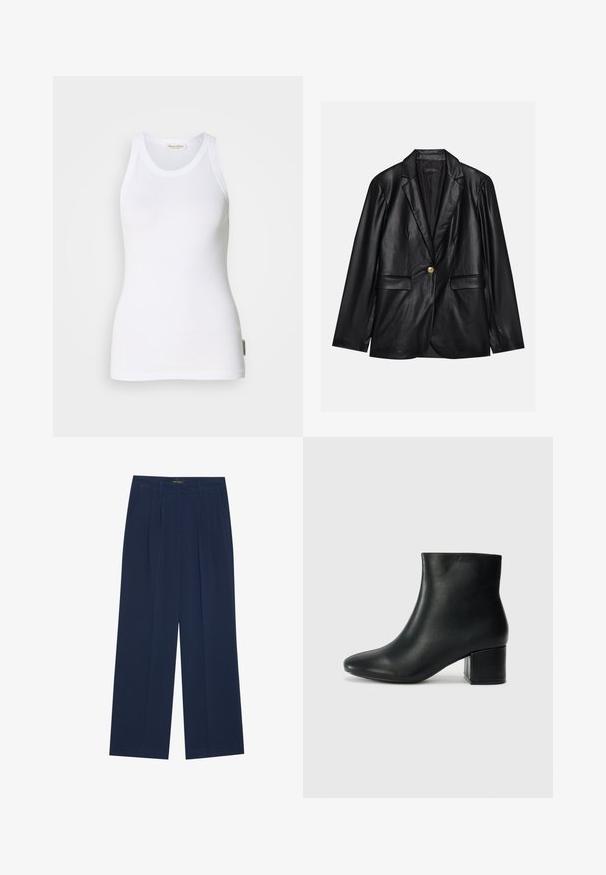 Black leather blazer with a notched lapel, single gold button closure, two front pockets, and smooth finish. Inner lining is dark.; White sleeveless cotton tank top with a scoop neckline, seamless sides, and a small logo label on the bottom left side. Smooth texture.; Navy blue wide-leg trousers made of smooth fabric, featuring two front pockets and front pleats, with a straight cut and clean hem.; Black leather ankle boots with a pointed toe and a chunky heel. Smooth texture with minimal accents and a sleek, fitted design.
