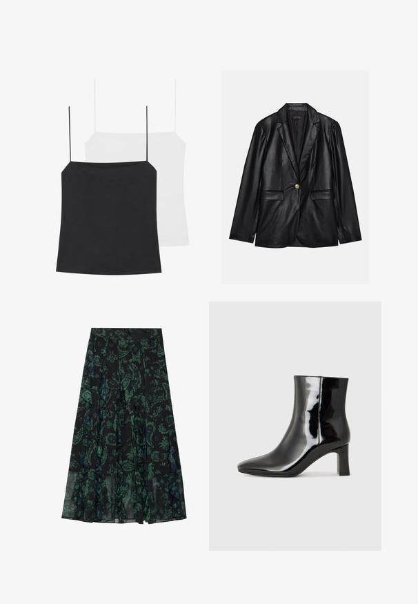 Black leather blazer with a notched lapel, single gold button closure, two front pockets, and smooth finish. Inner lining is dark.; Two camisole tops are shown: one black and one white. Both have thin straps and a fitted design made from a smooth, stretchy fabric.; Black skirt with green floral pattern, featuring ruffled edges and pleats. Made from lightweight fabric, offering a flowing silhouette.; Black patent leather ankle boot with a pointed toe and a mid-height block heel. Smooth texture and minimalist design.