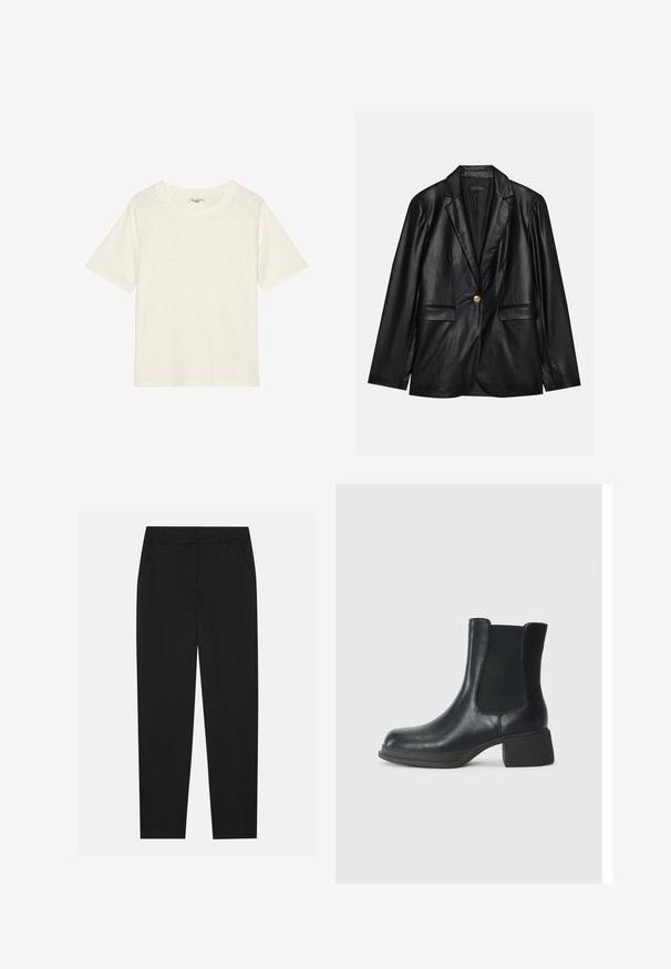 Black leather blazer with a notched lapel, single gold button closure, two front pockets, and smooth finish. Inner lining is dark.; Off-white short-sleeve T-shirt made of soft, textured fabric with a round neckline and a relaxed fit. No logos or additional details present.; Black trousers with a tailored design, featuring side pockets and a straight leg. Made from smooth, lightweight fabric with a sleek finish.; Black leather ankle boot with elastic side panels, rounded toe, and a low block heel. The surface has a smooth texture and minimal detailing.