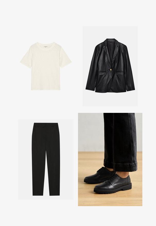 Melnas ādas žakete ar ieliektām atlokām, vienu zelta pogu aizdari, divām priekšējām kabatām un gludu apdari. Iekšējā odere ir tumša.; Gaiši pelēks īsām piedurknēm T-krekls, izgatavots no mīkstas, teksturētas auduma ar apaļu dekoltē un brīvu piegriezumu. Nav logotipu vai papildu detaļu.; Melnas bikses ar pielāgotu dizainu, ar sānu kabatām un taisnu kāju. Izgatavotas no gluda, viegla auduma ar elegantu apdari.; Melnas ādas šņorējamās kurpes ar gludu virsmu, noapaļota purngala un biezas gumijas zole, apvienotas ar īsām tumšām džinsām.