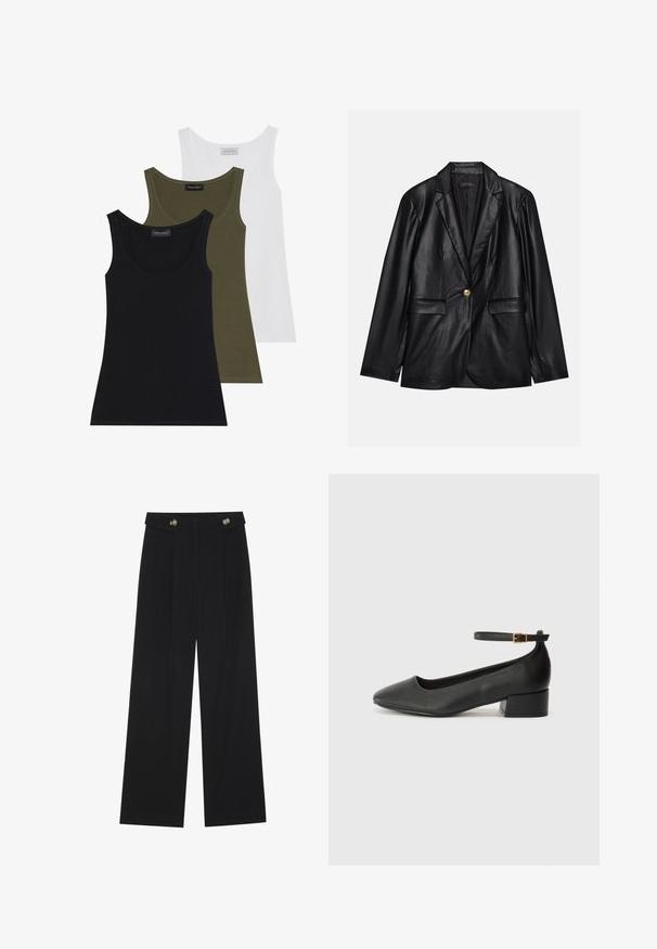 Blazer de cuero negro con solapa muestrada, cierre con un solo botón dorado, dos bolsillos frontales y un acabado suave. El forro interior es oscuro.; Tres camisetas sin mangas en negro, verde oliva y blanco. Tela suave con escote en forma de barco, que presentan un diseño simple y sin adornos.; Pantalones de pierna ancha negros con cintura alta, detalles de botones en la cinturilla y pliegues en la parte delantera.; Zapato de tacón negro de cuero con punta afilada y tacón bajo cuadrado. Presenta una correa para el tobillo con una hebilla en tono dorado. Textura suave.