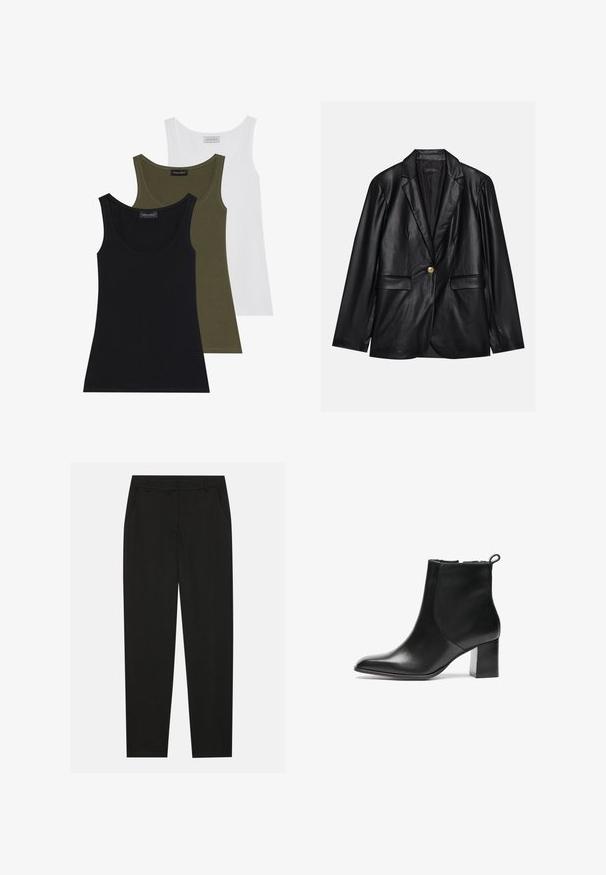 Sacou din piele neagră cu rever ascuțit, închidere cu un singur nasture auriu, două buzunare frontale și finisaj neted. Captuseala interioară este de culoare închisă.; Trei maie din bumbac în culorile negru, verde măslin și alb. Material moale cu decolteu rotund, având un design simplu, fără broderii.; Pantaloni negri cu un design croit, dotati cu buzunare laterale si un croi drept. Fabricati dintr-un material neted, usor, cu un finisaj elegant.; Bocanc negru din piele până la gleznă, cu vârful rotunjit, toc bloc de înălțime medie și o bucată de prindere în spate. Textură netedă, design minimalist.