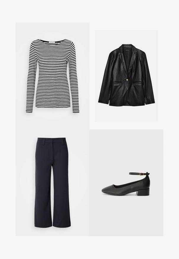 Black leather blazer with a notched lapel, single gold button closure, two front pockets, and smooth finish. Inner lining is dark.; Long-sleeve, crew-neck shirt featuring a black and white striped pattern. Made of soft fabric with a regular fit. Clean, minimal design.; Wide-leg trousers in dark navy fabric. Features a flat front, belt loops, and side pockets. The material is smooth with a slight stretch.; Black leather pump with a pointed toe and a low block heel. Features an ankle strap with a gold-tone buckle. Smooth texture.