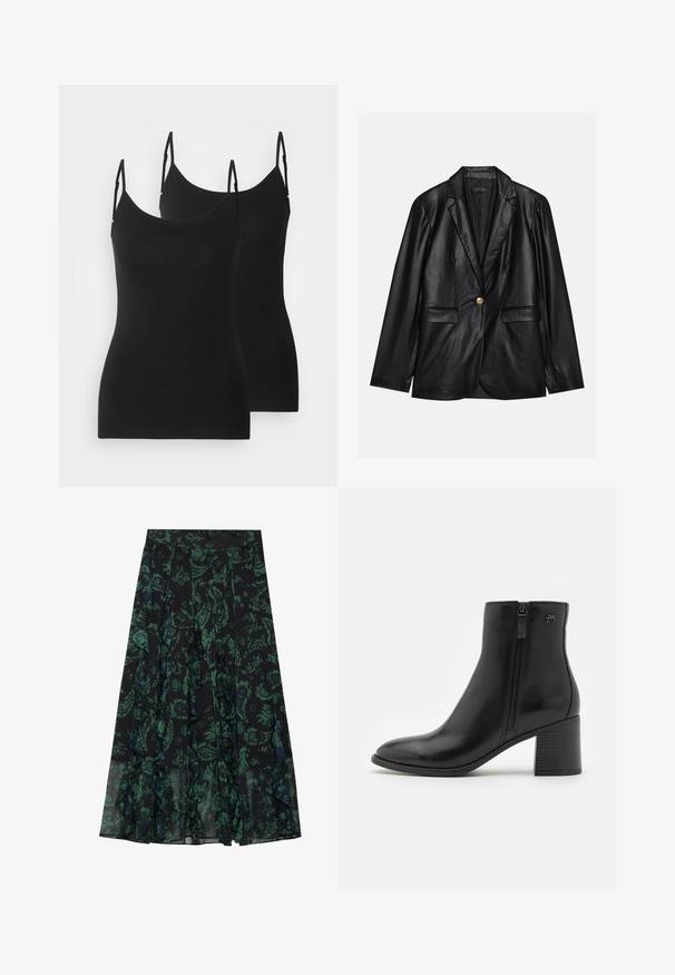 Schwarze Lederblazer mit Reverskragen, einem einzelnen goldenen Knopfverschluss, zwei Vorderaschen und glatter Oberfläche. Futter ist dunkel.; Schwarze ärmellose Tops, aus weichem Stoff, mit verstellbaren Trägern und tailliertem Schnitt. Zwei Teile nebeneinander gezeigt.; Schwarzer Rock mit grünem Blumenmuster, mit gefransten Kanten und Falten. Hergestellt aus leichtem Stoff, bietet er eine fließende Silhouette.; Schwarze Knöchelstiefel aus glattem Leder mit einem seitlichen Reißverschluss. Sie verfügen über eine spitze Schuhspitze und einen strukturierten Blockabsatz für Stabilität.