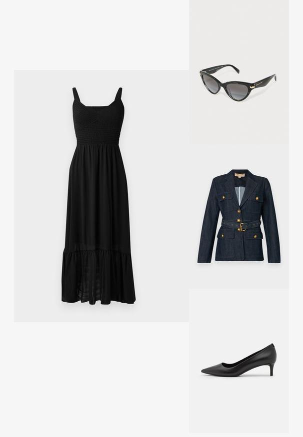 Donkere denim blazer met gouden knopen en riem, voorzien van vier klepzakken en een notch-kraag.; Zwarte maxi-jurk met een smocked lijfje, verstelbare schouderbandjes en een gelaagde ruffle zoom. Gemaakt van lichte, vloeiende stof met een gladde textuur.; Zwarte leren pump met spitse neus en een lage hak. Soepele textuur, strakke design en subtiele details bij de hak.; Zwarte cat-eye Michael Kors zonnebril met gradient donkere lenzen en gouden logo-accenten op de pootjes, tegen een witte achtergrond.; Donkerbruine leren handtas met een driehoekige vorm, slank ontwerp, gouden accenten en een brede schouderriem.