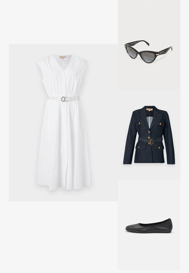 Mörk denimblazer med guldknappar och bälte, som har fyra fickor med klaff och en slagkrage.; Vit ärmlös klänning med v-ringad hals, åtsittande midja och ett dekorativt bälte med silvernitar och en cirkulär spänne. Slät bomullstyg.; Svart läderballerinaskor med rund tå, slät yta, minimala söm detaljer och en flexibel sula.; Svarta cat-eye solglasögon från Michael Kors med gradient mörka linser och guldiga logotypdetaljer på bågarna mot en vit bakgrund.; Brun mocka axelväska med en mjuk yta, stor öppen topp och kontrasterande läderremmar. Guld detaljer synliga.