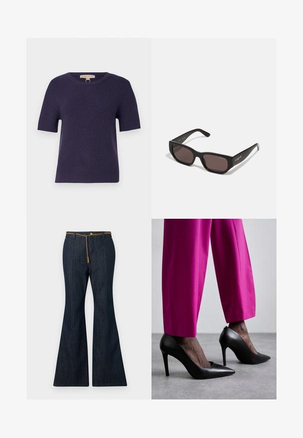 Dunkelblazer aus Denim mit goldenen Knöpfen und einem Gürtel, ausgestattet mit vier Klappentaschen und einem geschlitzten Kragen.; MICHAEL Michael Kors SHORT SHAKER - Strickpullover - dark iris; Dunkelblaue ausgeflockte Jeans mit hoher Taille, ausgestattet mit einem goldenen Kettengürtel und kontrastierenden Nähten entlang der Nähte.; Schwarze High-Heels mit einer spitzen Zehenform und glatter Lederoberfläche. Kombiniert mit knallroten, maßgeschneiderten Hosen.; Schwarze rechteckige Sonnenbrille mit dunklen Gläsern. Verfügt über ein glattes Kunststoffgestell und ein Logo-Detail an den Bügeln. Sauberes, modernes Design.