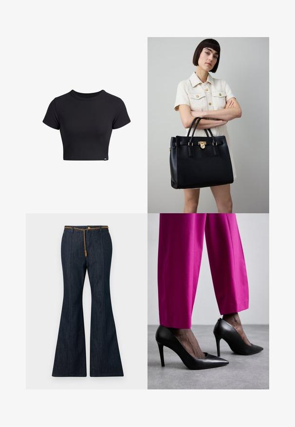 Dark denim blazer with gold buttons and belt, featuring four flap pockets and a notched collar.; Black ribbed short-sleeve crop top with a round neckline. Features a fitted design and small logo tag at the bottom left.; Dark denim flared jeans with a high waist, featuring a gold chain belt and contrasting stitching along the seams.; Black high heel shoes with a pointed toe design and smooth leather texture. Paired with bright pink, tailored trousers.; Black leather handbag with gold hardware, rectangular shape, dual top handles, and a lock detail, set against a light background.