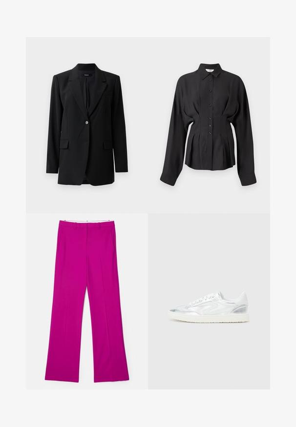 Black blazer with a notched lapel, single-button closure, two front pockets, and a subtle texture. Tailored fit suitable for formal wear.; Black long-sleeve shirt in a smooth fabric, featuring a button-up front, curved hem, and gathered detailing at the waist for a tailored fit.; Fuchsia wide-leg trousers with a smooth texture, featuring front pockets and a tailored design for a structured appearance.; White sneakers with metallic silver accents, smooth texture, round toe, flat sole, and traditional lace-up design.