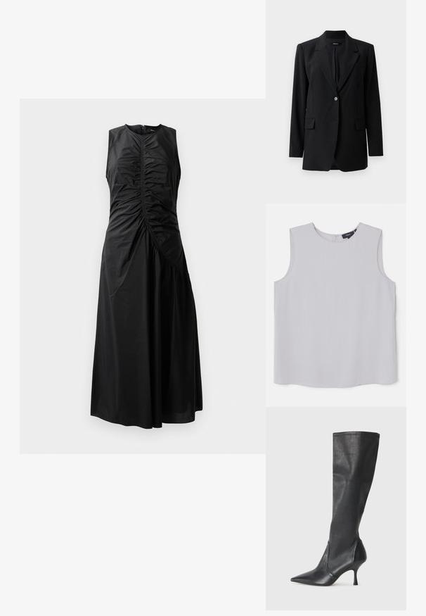 Sacou negru cu rever în formă de V, închidere cu un singur buton, două buzunare frontale și o textură subtilă. Croială ajustată, potrivită pentru ținute formale.; Top fără mâneci, de culoare gri deschis, realizat dintr-un material neted. Prezintă un decolteu rotund și un fermoar ascuns la spate pentru închidere.; Rochie neagră fără mâneci, cu detalii pliate, cu un corset ajustat, fustă în formă de A și închidere cu fermoar lateral. Confeționată dintr-un material fin și ușor.; Botine din piele neagră, până la genunchi, cu vârf ascuțit și toc subțire stiletto. Textură netedă, cu un design ajustat și cusături la marginea superioară.