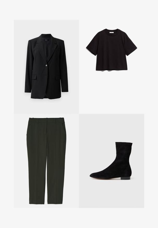 Must mustre ka blazer, millel krae, ühekohaline klapp, kaks esist taskut ja peen tekstuur. Kohandatud lõige sobib ametlikuks kandmiseks.; Must musta lühikese varrukaga t-särk ümmarguse kaeluse ja lõdva istuvusega. Omab lihtsat, kaunistamata disaini.; Tumedast roheline, kohandatud püksid siledast kangast. Omab kahte eesmist taskut, lamedat vööd ja sirge sääre disaini ilma nähtavate mustriteta.; Musthave mustan nahast pahkluu saabas, millel on kitsas vars, terav nina ja madal plokk-konts. Pehme tekstuur ja minimalistlik disain, sobib mitmekesiseks stiliseerimiseks.