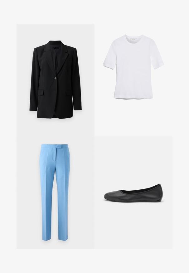 Černý blazer s klopovými límci, zapínání na jeden knoflík, dvě přední kapsy a jemnou texturou. Přizpůsobený střih vhodný pro formální nošení.; Bílá tričko s krátkým rukávem vyrobené z žebrované tkaniny. Kulatý výstřih, normální střih a jemné detaily šití. Bez vzorů nebo grafik.; Svetle modré kalhoty s přiléhavým střihem, mají plochý přední díl, boční kapsy a hladkou texturu. Navrženy s čistou, moderní siluetou.; Černé kožené baletní byty s kulatou špičkou, hladkou texturou, minimálními švy a flexibilním designem podrážky.