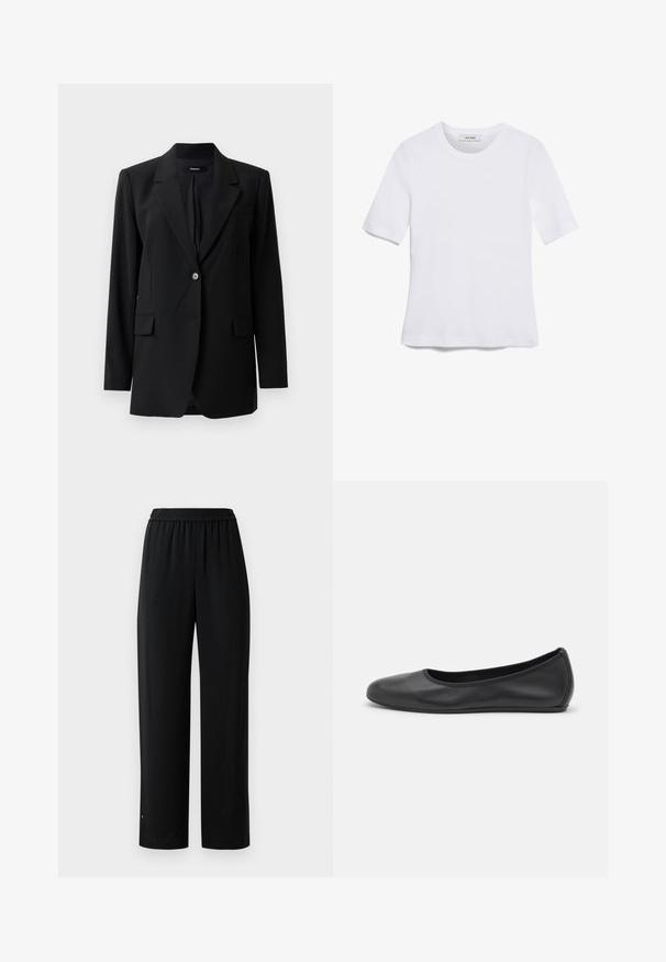 Black blazer with a notched lapel, single-button closure, two front pockets, and a subtle texture. Tailored fit suitable for formal wear.; White short-sleeve t-shirt made of ribbed fabric. Round neckline, regular fit, and subtle stitching details. No patterns or graphics.; Black wide-leg pants made of smooth fabric with an elastic waistband. Features a straight cut and minimal detailing. Suitable for casual wear.; Black leather ballet flat with a rounded toe, smooth texture, minimal stitching detail, and a flexible sole design.