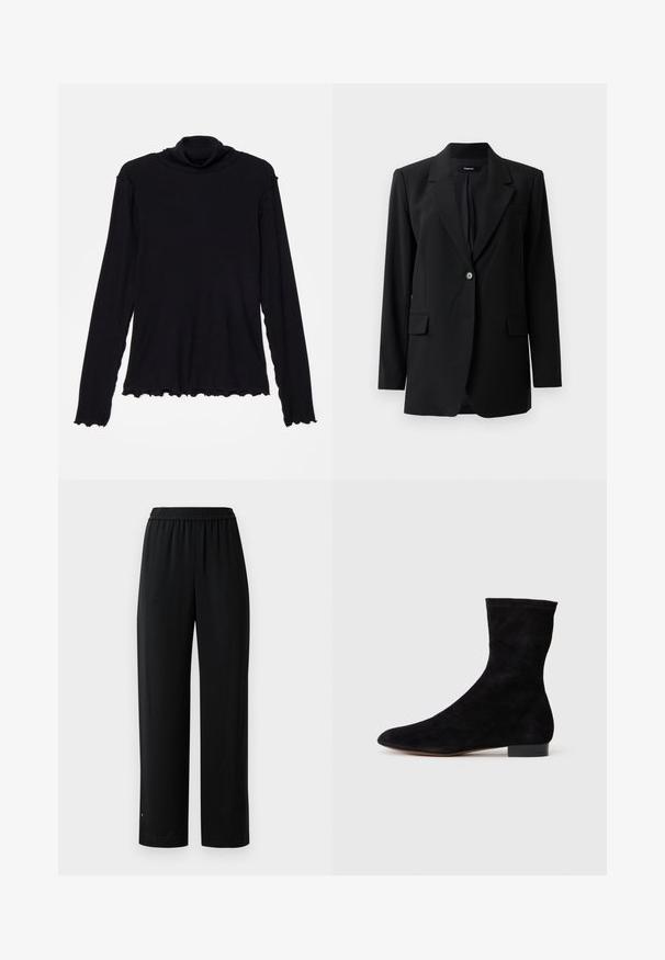 Must mustre ka blazer, millel krae, ühekohaline klapp, kaks esist taskut ja peen tekstuur. Kohandatud lõige sobib ametlikuks kandmiseks.; Rodebjer CISNE  - Pikkade varrukatega topp - black; Mustad laiad mustad püksid, mis on valmistatud siledast kangast ja neil on elastne vöökoht. Omavad sirget lõiget ja minimaalset kaunistust. Sobivad igapäevaseks kandmiseks.; Musthave mustan nahast pahkluu saabas, millel on kitsas vars, terav nina ja madal plokk-konts. Pehme tekstuur ja minimalistlik disain, sobib mitmekesiseks stiliseerimiseks.