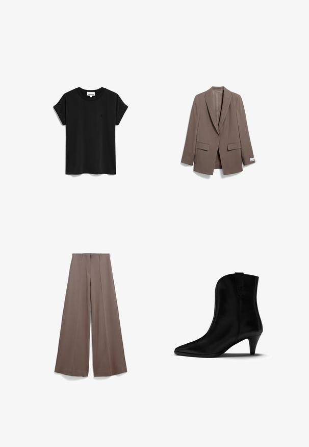 Taupe blazer met één knoop en een notch lapel, klepzakken en een klein wit label op de manchet van de linkermouw, plat gelegd op een witte achtergrond.; ARMEDANGELS IDAARA - T-shirt basic - black; Wijde broek in een gedempte bruine stof, met een soepele textuur, voorplooien en een hoge taille. Geen zichtbare accenten of hardware.; Zwarte leren enkelboot met een spitse neus en een gebogen hak. Heeft een strak ontwerp en een lus aan de achterkant voor gemakkelijk aan- en uittrekken.
