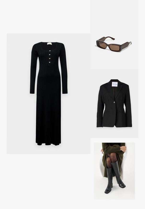Svart blazer med enkelt knappelukking, noterte lapeller og to frontlommer. Laget av glatt stoff, med en skreddersydd passform.; Svart ribbet maxikjole med lange ermer og firkantet utringning, dekorert med fem knapper foran. Kjolen har en kroppsnær fasong og en glatt tekstur.; Knæhøye sorte lærstøvler med firkantet tå og blokkhelt, vist med en modell som sitter iført en olivengrønn kåpe. Glatt tekstur, minimal detaljering.; Gucci solbriller med rektangulære brune linser, ramme i skilpaddeskall-acetat og gulllogo på templene.