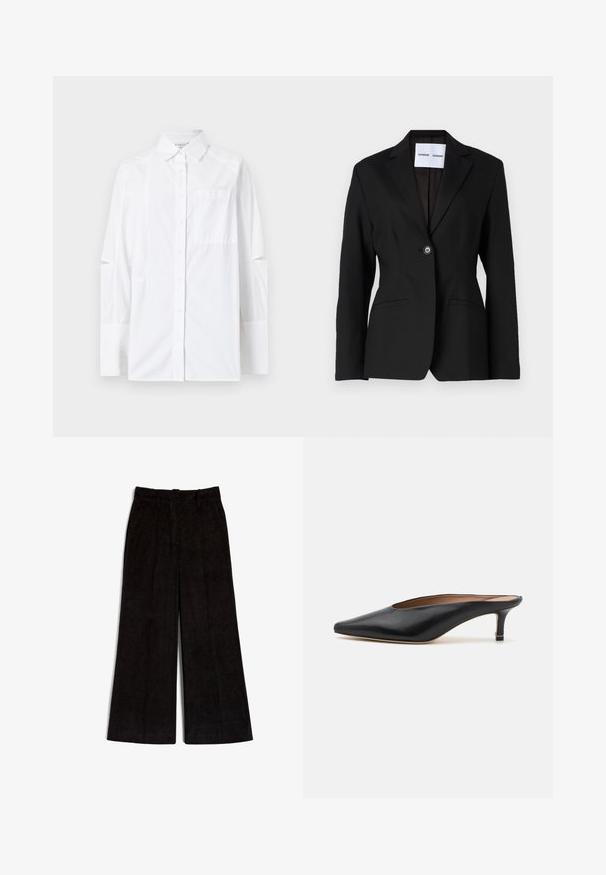 Black blazer with a single button closure, notched lapels, and two front pockets. Made from smooth fabric, featuring a tailored fit.; White button-up shirt featuring long sleeves with cut-out details, a chest pocket, and a structured collar. Made from a lightweight fabric.; Black wide-leg corduroy trousers featuring a textured surface and two front pleats, designed with a standard waist and straight hemline.; Black leather mules with a pointed toe and low, block heel. Smooth texture with a sleek design. Open back with minimal detailing.
