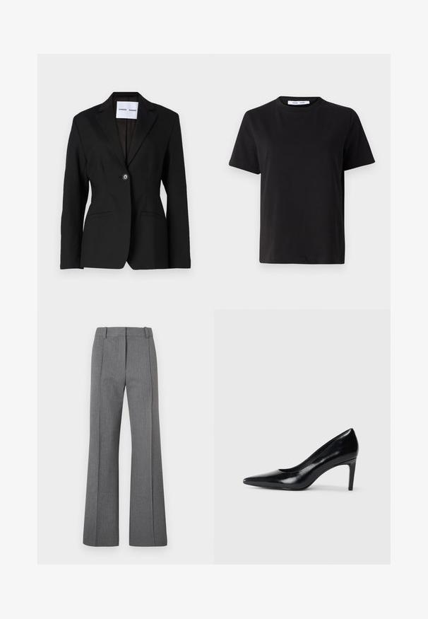 Blazer negru cu închidere cu un singur nasture, rever în stil notched și două buzunare frontale. Realizat dintr-un material neted, având o croială adaptată.; Tricou negru cu manșon scurt, fabricat din bumbac moale, având un guler rotund, o croială lejeră și o textură netedă. Fără modele sau grafice vizibile.; Pantaloni flared gri cu dungi fine, cu fața plată, bucle pentru curea și textură netedă. Design complet, cu detalii subtile ale modelului.; Pantof de damă din piele neagră, cu toc înalt, vârf ascuțit, textură fină și toc conic. Design minimalist, fără embellishments suplimentare.