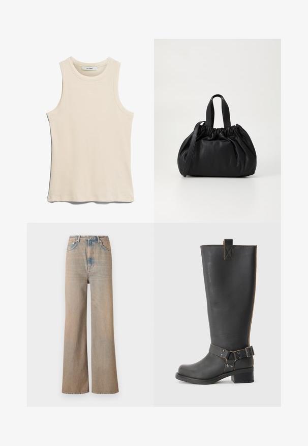 Blazer negru cu închidere cu un singur nasture, rever în stil notched și două buzunare frontale. Realizat dintr-un material neted, având o croială adaptată.; Tricou fără mâneci de culoare bej deschis, realizat dintr-un material ribbed, cu un decolteu rotund și un design curat, minimalist.; Jeans lejere, cu croi larg, de culoare deschisă, cu talie înaltă, fabricate din denim. Au cusături subtile și cinci buzunare, având o textură ușor decolorată.; Cizmă înaltă din piele neagră, cu un finisaj texturat, având un accent cu cataramă pe lateral și un toc mic. Cusături detaliate de-a lungul cusăturilor.; Geantă de mână din piele neagră cu un design cu partea superioară plisată, având două mânere scurte și o curea lungă ajustabilă. Textură netedă, formă rotunjită.