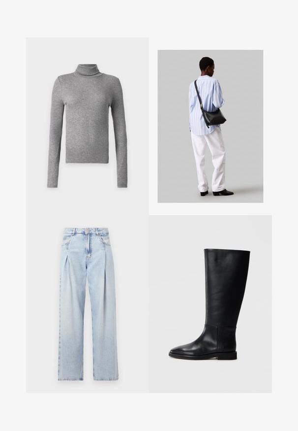 Melna žakete ar vienu pogu, izgrieztām apmalēm un divām priekšējām kabatām. Izgatavota no gludas auduma, ar pielāgotu piegriezumu.; Pelēks turtlenecks džemperis, kas izgatavots no ribota auduma, ar garām piedurknēm un pieguļošu dizainu. Vienkāršs un daudzpusīgs, lai to varētu slāņot vai valkāt kā atsevišķu apģērbu.; Gaiši zilas džinsu bikses ar augstu jostasvietu, plats kāju griezumu, divām sānu kabatām un krokotā dizaina akcentiem. Mīksta tekstūra ar izdilušu apdari.; Melnas ādas līdzceļgala zābaki ar noapaļotu pirkstu, gludu tekstūru, minimālistisku dizainu un plakanu zoli. Vienkāršas šuvju detaļas uz zābaku augšdaļas.; Melna ādas plecu soma ar mīkstu tekstūru, trīsstūra formu un regulējamu siksnu, apvienota ar gaiši zilu svītrotu krekli un baltām biksēm.