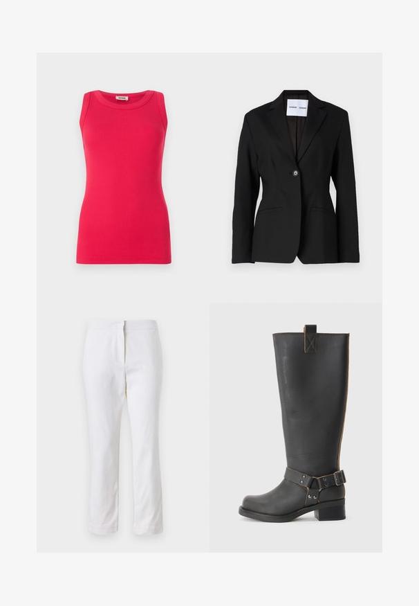 Juodas švarkas su vienu mygtuku, kantinėmis apykaklėmis ir dviem priekinėmis kišenėmis. Pagamintas iš glotnaus audinio, turi pritaikytą siluetą.; Priklausantis, be rankovių viršus pagamintas iš banguotos medžiagos ryškiai rožinės spalvos. Pasižymi apvaliu iškirpimu ir lygiu paviršiumi su švariais kraštais.; Balti medvilniniai kelnių su tiesiu kojų dizainu, turintys vidutinį liemenį ir be matomų detalių ar raštų. Lygi tekstūra visame paviršiuje.; Juodų odinių iki kelių botų su tekstūruotu paviršiumi, šonuose su sagtimi ir žemu kulnu. Išsamus siuvinėjimas palei siūles.