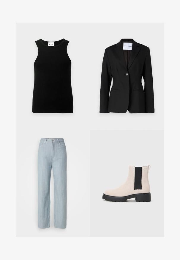 Juodas švarkas su vienu mygtuku, kantinėmis apykaklėmis ir dviem priekinėmis kišenėmis. Pagamintas iš glotnaus audinio, turi pritaikytą siluetą.; Juoda be rankovių palaidinė su briaunotu paviršiumi, apvaliu kaklu ir prigludusia forma. Etiketėje yra "DAY" logotipas.; Šviesiai mėlyni tiesūs džinsai, pagaminti iš džinsinio audinio. Turi penkias kišenes, metalinį mygtuko užsegimą ir subtilų dėmėtumą, suteikiantį tekstūrą.; Smėlio spalvos zomšiniai Čelsi botai su juodu elastiniu šonu, masyviu juodu padu ir kilpa prie kulkšnies.