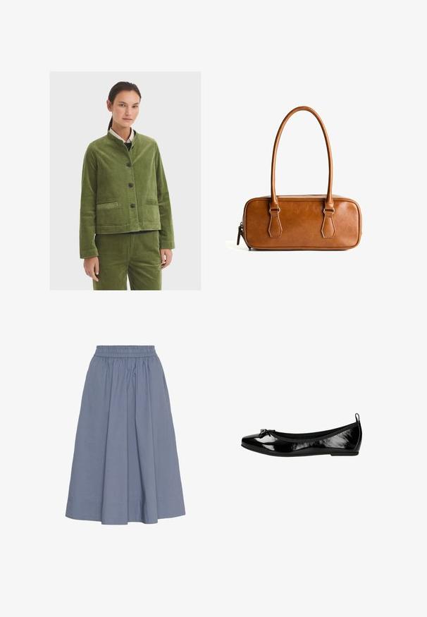 Grüne Cordjacke mit Stehkragen, vorderem Knopfverschluss und zwei Seitentaschen. Strukturierter Stoff und cropped Design.; Helles beige Strickoberteil mit kurzen Ärmeln und angehängtem Schaldetail, das um den Hals drapiert ist.; Ein knielanger, hellblauer Baumwollrock mit einem elastischen Bund, der ein gerafftes Design und eine glatte Textur für zusätzlichen Komfort aufweist.; Schwarze Lackleder-Ballettflats mit einer runden Zehe und einer Schleifenakzent. Sie verfügen über eine flexible Sohle und ein elastisches Band am Öffnungsrand für zusätzlichen Komfort.; Braune Lieblingstasche aus Leder mit zwei langen Tragegriffen, rechteckiger Form, glatter Oberfläche, Reißverschluss und Hardware-Akzenten in Silber.; Karoschal in Schwarz, Rot und Grün mit gelben Akzenten; hat glatte Textur und ein dekoratives gesticktes Detail.