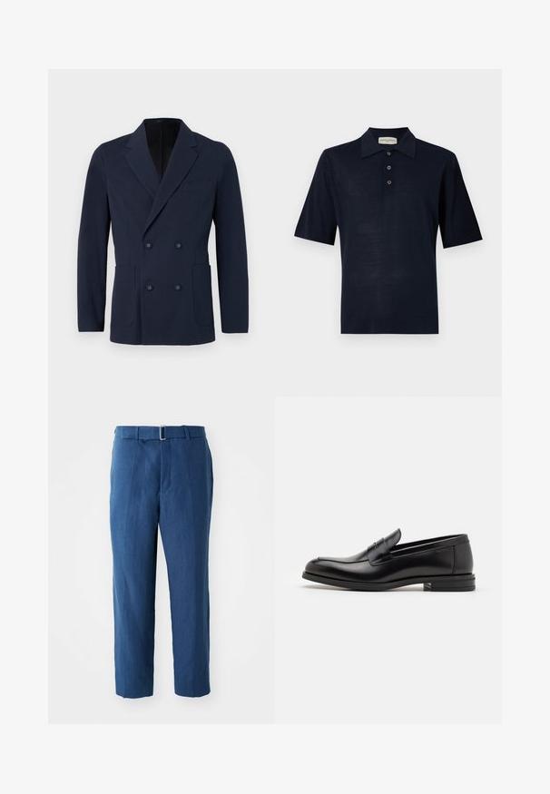 Double-breasted navy blazer in textured fabric, featuring two front pockets, notched lapels, and decorative buttons on the front.; Navy blue polo shirt made of soft fabric, featuring a classic collar, three-button placket, and short sleeves. Smooth texture, minimal design.; Dark blue, tailored trousers made of lightweight fabric. Features a fitted waist with a belt and a straight-leg cut, smooth texture.; Black leather loafers with a smooth texture, rounded toe, and a decorative strap across the vamp. Low stacked heel, minimalist design.