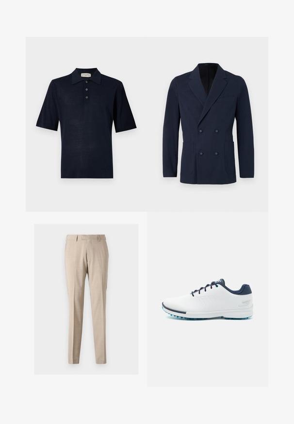 Kaksirivinen tummansininen bleiseri teksturoidusta kankaasta, jossa on kaksi etutaskua, lovet kaulukset ja koristeelliset napit etupuolella.; Tummansininen polo-paita, joka on valmistettu pehmeästä kankaasta, klassisella kauluksella, kolmella napilla ja lyhyillä hihoilla. Sujuva pinta, minimaalinen muotoilu.; Beige tapered-housut, jotka on valmistettu kevyestä kankaasta. Niissä on etupleenejä, kaksi sivutaskua ja sileä pinta.; Valkoiset urheilukengät sileällä synteettisellä päällisellä, siniset yksityiskohdat, teksturoitu tummansininen kantapää ja kevyet, piikkiset pohjat pidon lisäämiseksi.