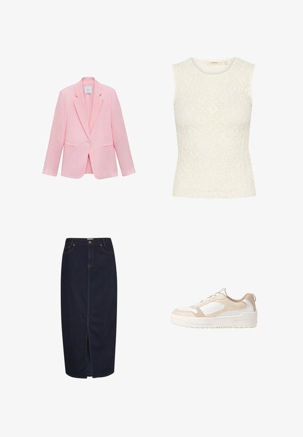 Roza blejzer z izrezanimo ovratnikom, zapiranjem na en gumb in dvema sprednjima žepoma. Narejen iz lahke tkanine z gladko teksturo.; Dolg brezrokavnik iz belega čipkastega blaga s teksturiranim cvetličnim vzorcem. Prilegajoča se zasnova, okrogla ovratnika in gladki robovi.; Temno modra maksi krila s sprednjim razporkom. Ima oranžno šivanje in klasičen dizajn s petimi žepi. Zapiranje na gumb pri pasu.; Bež in bela športna obutev z gladkim usnjem, perforiranim prstom, vezalnim dizajnom, teksturiranimi akcenti in debelim gumijastim podplatom.