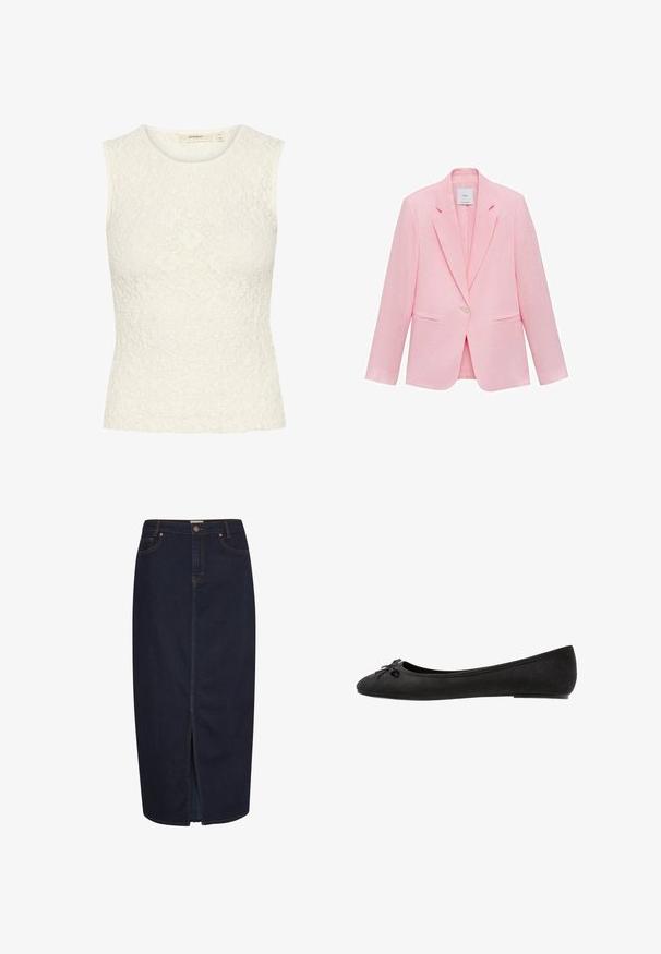 Růžový blazer s klopovým límcem, zapínáním na jeden knoflík a dvěma předními kapsami. Vyrobeno z lehkého materiálu s hladkým povrchem.; Bezramínkový top z bílé krajky s texturovaným květinovým vzorem. Přiléhavý design, kulatý výstřih a hladké okraje. ; Tmavě džínová maxi sukně s předním rozparkem. Obsahuje oranžové prošívání a klasický pětikapsový design. Zapínání na knoflík v pase.; Černé semišové baleríny s kulatou špičkou, zdobené mašlí vpředu a plochou podrážkou. Hladký povrch a klasický tvar.