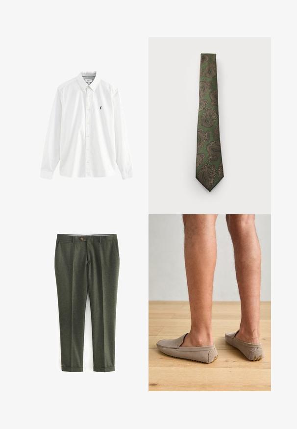 Groene wollen blazer met een gegolfde kraag, bruine knoopsluiting en twee voorkwikken. De binnenkant heeft een gestreept voering en een pochet.; Witte blouse met lange mouwen van katoen. Heeft een button-down kraag, gele knopen en een klein marineblauw kreeftlogo op de linkerborst.; Donkergroene broek van textured stof, met zijzakken, een knoopsluiting aan de voorkant en opgerolde manchetten voor een gepolijste uitstraling.; Beige suède instapschoenen met een ronde neus en decoratieve stiksels, met gestructureerde rubberen zolen met kleine gouden accenten.; Groene stropdas met een paisleypatroon in bruin en goud. Het heeft een gestructureerde stof en een smalle uitvoering met een spitse punt.; Digitale Casio horloge met een roségouden metalen band, rechthoekige kast, verlicht display en waterdicht, toont tijd en datum.