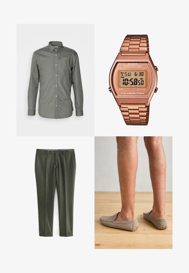 Blazer in lana verde con colletto a revers, chiusura con bottoni marroni e due tasche frontali. L'interno presenta una fodera con fantasia e un fazzoletto.; Camicia da uomo a maniche lunghe in tessuto verde oliva, con chiusura a bottoni, colletto alla francese e polsini arrotondati con una leggera texture.; Pantaloni verde scuro realizzati in tessuto testurizzato, con tasche laterali, chiusura frontale a bottone e risvolti per un look sartoriale.; Scarpe beige in suede senza lacci con punta arrotondata e cuciture decorative, dotate di suole in gomma testurizzata con piccoli accenti dorati.; Orologio digitale Casio con cinturino in metallo rosa dorato, cassa rettangolare, display illuminato e resistenza all'acqua, che mostra l'ora e la data.