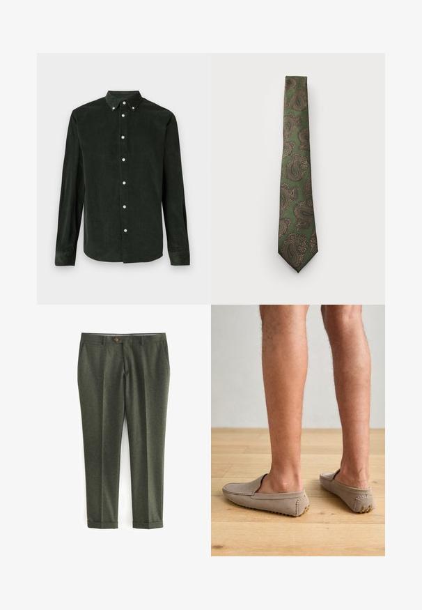 Blazer din lână verde, cu guler în formă de V, închidere cu nasture maro și două buzunare frontale. Interiorul are o căptușeală cu un model și un batista.; Cămașă din catifea de bumbac de culoare verde închis, cu mânecă lungă și guler cu nasturi, pe un fundal alb.; Pantaloni verde închis dintr-un material texturat, cu buzunare laterale, închidere cu nasture în față și manșete răsucite pentru un aspect elegant.; Pantofi slip-on din nubuc bej, cu vârf rotunjit și cusături decorative, având tălpi din cauciuc texturat cu mici accente aurii.; Cravat verde cu un model paisley în nuanțe de maro și aur. Are un material texturat și un design îngust cu vârf ascuțit.; Ceas digital Casio cu brățară din metal roz auriu, carcasă rectangulară, display iluminat și rezistență la apă, afişând ora și data.