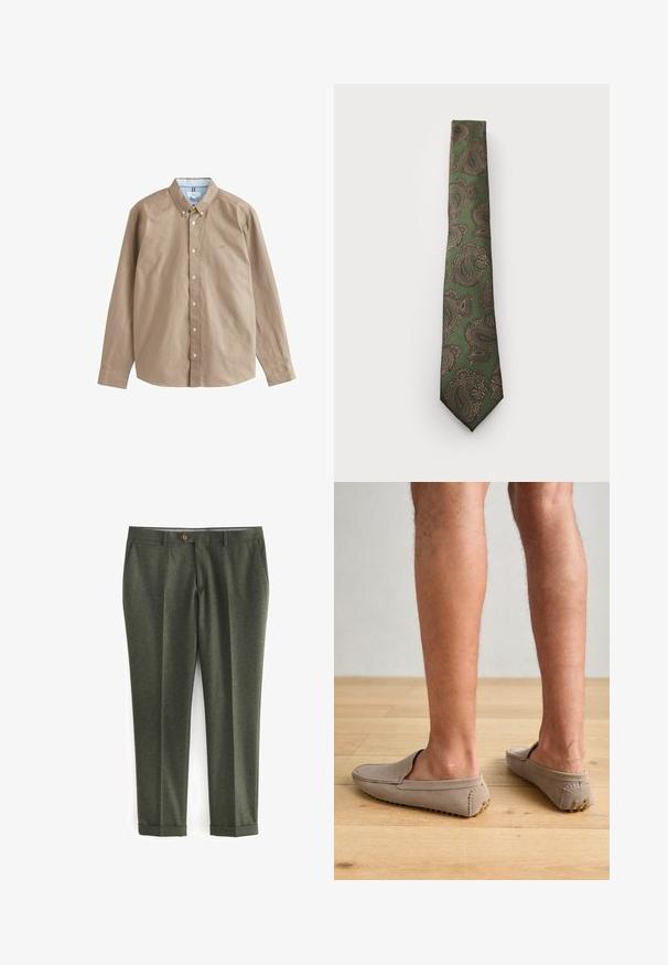 Blazer in lana verde con colletto a revers, chiusura con bottoni marroni e due tasche frontali. L'interno presenta una fodera con fantasia e un fazzoletto.; Camicia a maniche lunghe con bottoni in cotone color sabbia. Presenta un colletto, bottoni bianchi e un piccolo logo sul petto. L'interno ha un accento a righe blu.; Pantaloni verde scuro realizzati in tessuto testurizzato, con tasche laterali, chiusura frontale a bottone e risvolti per un look sartoriale.; Scarpe beige in suede senza lacci con punta arrotondata e cuciture decorative, dotate di suole in gomma testurizzata con piccoli accenti dorati.; Cravatta verde con motivo paisley in marrone e oro. Presenta un tessuto testurizzato e un design stretto con una punta appuntita.