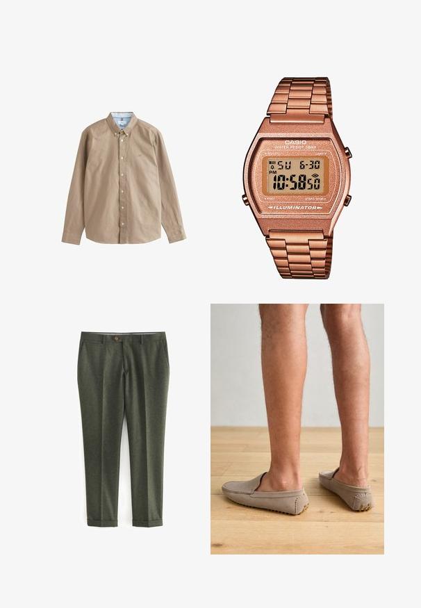 Žalias vilnonis švarkas su įpjovimais apykakle, rudos spalvos mygtukų uždarymu ir dviem priekinėmis kišenėmis. Viduje yra raštuota pamušalo medžiaga ir kišeninis šalikas.; Ilga rankovė, mygtukais segama marškinėliai iš smėlinės medvilnės. Yra apykaklė, balti mygtukai ir mažas logotipas ant krūtinės. Vidus turi mėlynai dryžuotą akcentą.; Tamsiai žali kelnių su tekstūruota medžiaga, turinčių šonines kišenes, priekinį mygtuko užsegimą ir apvyniotus kraštus, suteikiančius klasiką.; Bežiniai zomšiniai šlepetės su apvalia nosimi ir dekoratyvine siūle, su tekstūruotais guminiais padais su mažais auksiniais akcentais.; Skaitmeninis Casio laikrodis su rožinės aukso metaline juosta, stačiakampiu korpusu, apšviečiamu ekranu ir atsparumu vandeniui, rodomas laikas ir data.