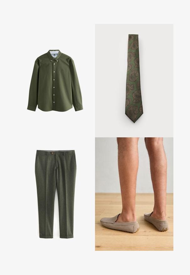 Groene wollen blazer met een gegolfde kraag, bruine knoopsluiting en twee voorkwikken. De binnenkant heeft een gestreept voering en een pochet.; Olijfgroene langemouwen shirt met een button-down kraag, frontknopen en een klein geborduurd logo. Zachte stof met een gestructureerd ontwerp.; Donkergroene broek van textured stof, met zijzakken, een knoopsluiting aan de voorkant en opgerolde manchetten voor een gepolijste uitstraling.; Beige suède instapschoenen met een ronde neus en decoratieve stiksels, met gestructureerde rubberen zolen met kleine gouden accenten.; Groene stropdas met een paisleypatroon in bruin en goud. Het heeft een gestructureerde stof en een smalle uitvoering met een spitse punt.; Digitale Casio horloge met een roségouden metalen band, rechthoekige kast, verlicht display en waterdicht, toont tijd en datum.