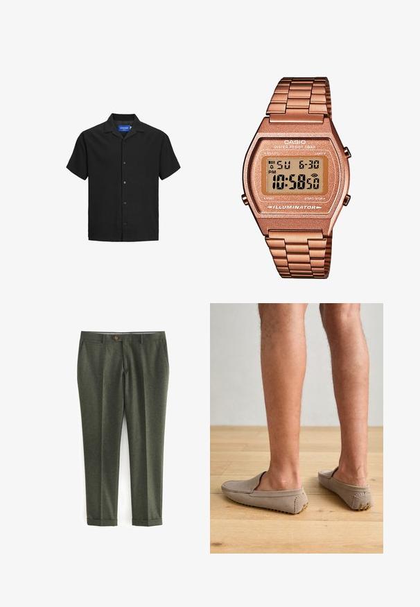 Zaļš vilnas žakets ar iegriezumu apkakli, brūnas pogas aizdare un divas priekšējās kabatas. Iekšpuse ar rakstainu podkātiņu un kabatas kvadrātu.; Melna kreklu ar īsām piedurknēm un apkakli, izgatavots no teksturēta auduma, ar pogām priekšā un taisnu apakšmalu. Logo birka iekšpusē kaklā.; Tumši zaļi bikses, kas izgatavotas no teksturēta auduma, ar sānu kabatām, priekšējo pogu aizdari un rullētām piedurknēm elegantam izskatam.; Bežs zamšādas slip-on apavi ar noapaļotu purngalu un dekoratīvo šuvumu, ar reljefa gumijas zoli, kurai pievienoti mazi zelta akcenti.; Digitālais Casio pulkstenis ar rozā zelta metāla siksniņu, taisnstūra korpusu, apgaismotu displeju un ūdensizturību, kas attēlo laiku un datumu.
